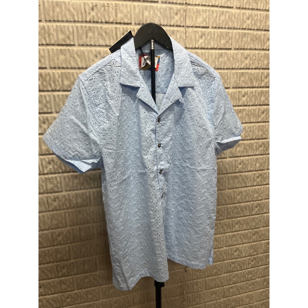 FLY by NIGHT Mens Light Blue Floral Eyelet Short Sleeve Camp Collar Shirt L NEW